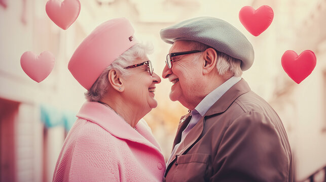 Starsza para emeryt&oacute;w, ubrana w pastelowe, retro stroje, trzyma się za ręce, uśmiechając się do siebie z radością i ciepłem. 