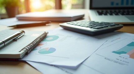 Close-up of a desk with financial documents, a calculator, and a laptop displaying a budget spreadsheet, a pen resting on a notepad with written financial goals, organized workspace for financial plan
