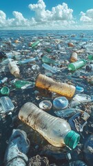 Glass and Plastic Bottles Floating Amid Ocean Pollution