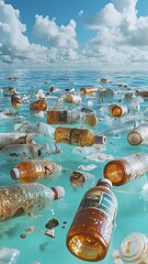 Glass and Plastic Bottles Floating Amid Ocean Pollution