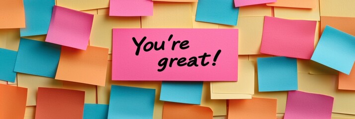 A pink sticky note radiates positivity with 'You're great!' amidst scattered colorful notes, exemplifying a vibrant, creative, and supportive context in design.