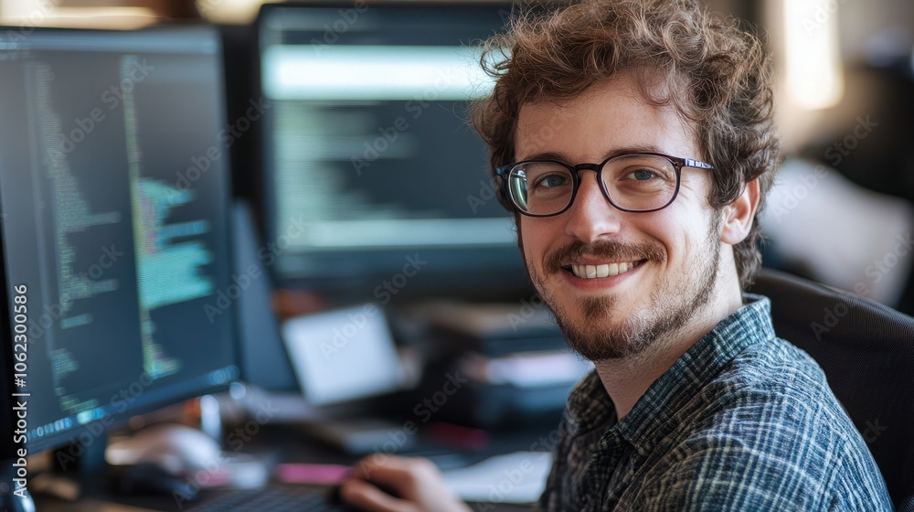 Poster portrait of smiling software developer looking at camera while sitting at desk with computers