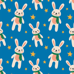 Colorful cartoon bunnies wearing scarves celebrate a cheerful pattern on a vibrant blue background