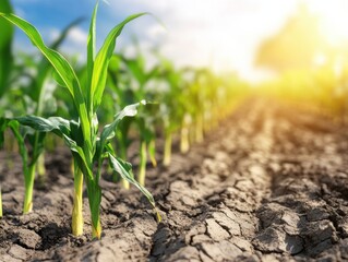 Young corn plants grow resiliently in cracked soil under a bright, sunny sky. The scene captures the harsh effects of a hot, dry climate.