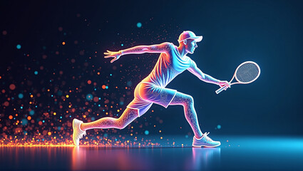 Obraz premium illustrative depiction of a tennis player made of bright graphic lines, dynamics and speed of the tennis game