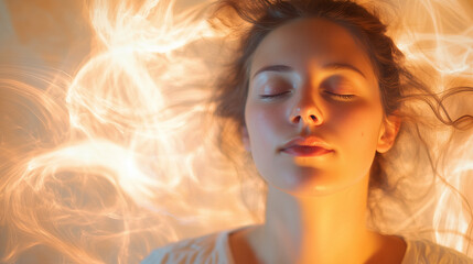 Obraz premium Kobieta w chwili skupienia, wykonująca terapię energetyczną, emanuje wewnętrzną siłą. Wokół jej ciała krąży jasna energia, z dynamicznymi kształtami i kolorami. 