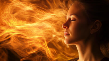 Obraz premium Kobieta w chwili skupienia, wykonująca terapię energetyczną, emanuje wewnętrzną siłą. Wokół jej ciała krąży jasna energia, z dynamicznymi kształtami i kolorami. 