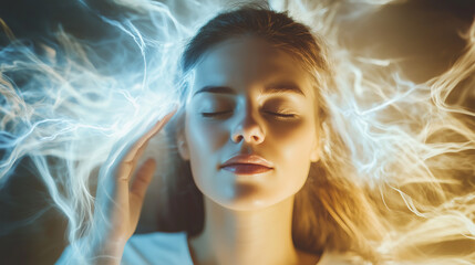 Obraz premium Kobieta w chwili skupienia, wykonująca terapię energetyczną, emanuje wewnętrzną siłą. Wokół jej ciała krąży jasna energia, z dynamicznymi kształtami i kolorami. 