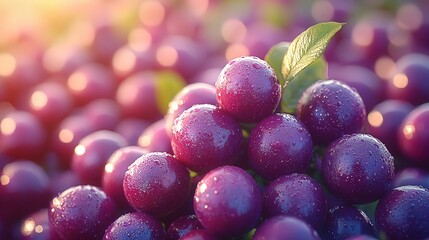 Fresh juicy purple grapes with dew drops in sunlit vineyard setting
