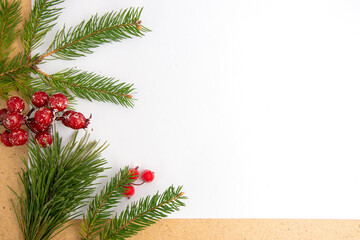 Festive arrangement of pine branches and red berries on a light background for winter holiday crafting and decoration ideas