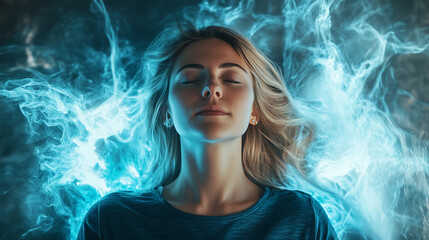 Obraz premium Kobieta w chwili skupienia, wykonująca terapię energetyczną, emanuje wewnętrzną siłą. Wokół jej ciała krąży jasna energia, z dynamicznymi kształtami i kolorami. 