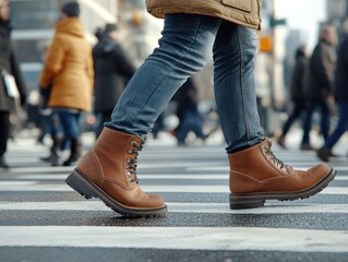 Naklejka premium People walking across a busy pedestrian crossing in an urban setting, with a focus on legs and footwear. Brown boots and jeans are prominent.