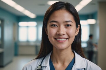 Obraz premium Close portrait of a smiling young Singaporean woman doctor looking at the camera, Singaporean hospital blurred background