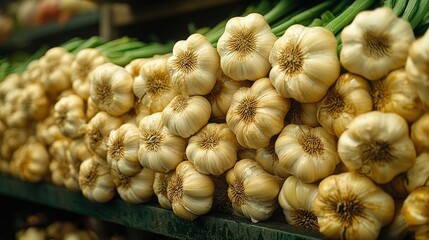 Freshly harvested garlic bulbs stacked in abundance at a farmer's market