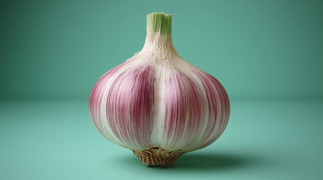 Vibrant purple garlic on teal background for culinary and art concepts