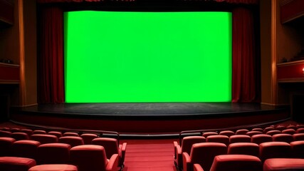 Step into a grand theater with rows of plush red seats facing a massive green screen. The ornate decor and rich red curtains enhance the elegance of the space, perfect for film production and special 