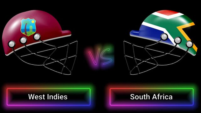 West Indies vs South Africa match animation with flags on helmets and colorful border over text all on black background