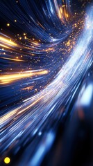 A vibrant, abstract depiction of light streaks and glowing particles swirling in a dynamic, blue-hued space.