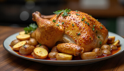 Roasted chicken with golden skin and herbs, served with potatoes on wooden table