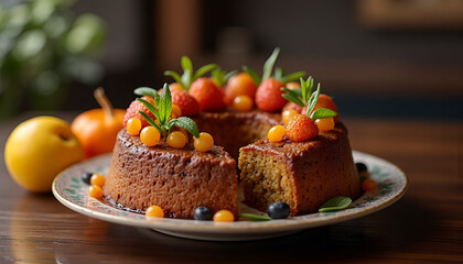 Berry cake decorated with fresh strawberries and edible flowers on a decorative plate