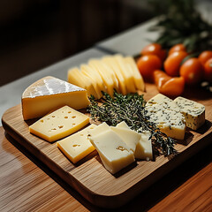 Savor the decadent flavors of Mozzarella, Cheddar, Brie, Parmesan, and Gouda, artfully arranged on a cheese platter with crackers, nuts, and fresh fruits for a perfect gourmet treat