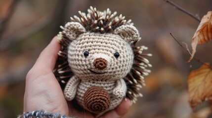 Obraz premium A small, crocheted hedgehog toy with realistic spines is held in a person's hand in the midst of autumn woods, embodying warmth and playful creativity.
