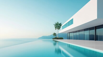 The modern facade of a luxury villa with a large swimming pool. Luxury MODERN property.