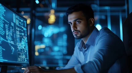 Fototapeta premium This portrait depicts a handsome Indian engineer working on a desktop computer in a technological office environment, writing software code for an innovative internet project for a research and