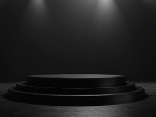 Obraz premium A minimalist black stage with a tiered podium design, illuminated by soft overhead lighting, set against a dark background.