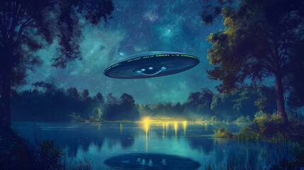 Obraz premium UFO hovering above a tranquil lake at night with starry sky