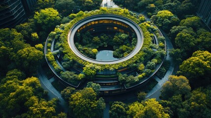 An aerial view of a circular building with a green roof and a pond in the center.