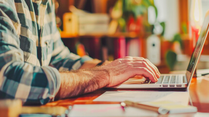 Man in plaid shirt working on laptop in cozy home setting with plants and warm lighting. Concept of remote work, sustainable workplace, comfort, and productivity in home office