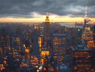 A cityscape at dusk with illuminated skyscrapers, showcasing a mix of modern architecture and vibrant lighting under a cloudy sky.