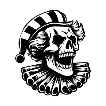 scary skull clown head vector silhouette illustration on white background. black and white vector illustration