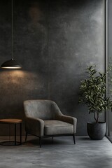 Living room in dark gray and taupe tones with a microcement texture. Elegant design suited for a reception area. 3D render