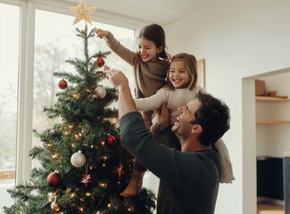 A joyful family decorates their Christmas tree together in a cozy living room during the festive holiday season