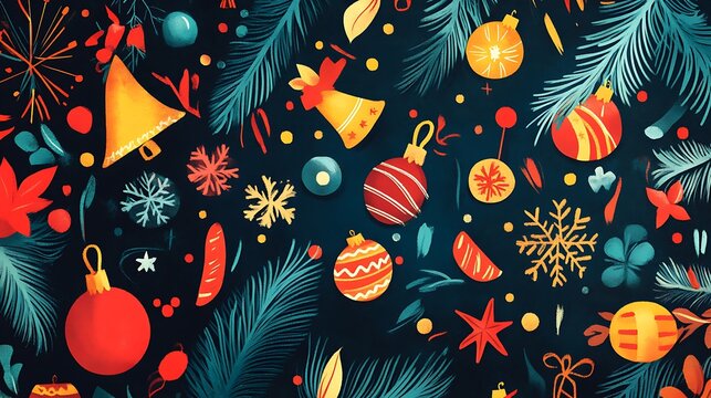 New Year cheerful greetings illustrated with festive motifs