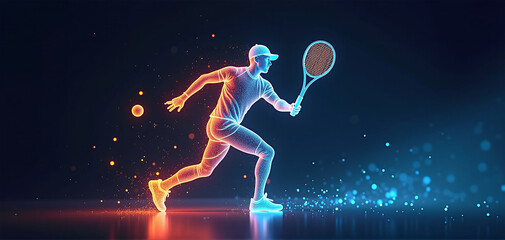 Obraz premium illustrative depiction of a tennis player made of bright graphic lines, dynamics and speed of the tennis game