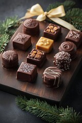 Assorted gourmet chocolate pralines on rustic wooden board with holiday decor