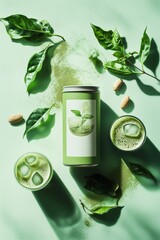 Refreshing green tea beverage with fresh leaves and powder on green background
