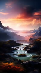 Fototapeta premium Breathtaking sunset over misty mountains and a flowing river in a tranquil valley. Generative AI