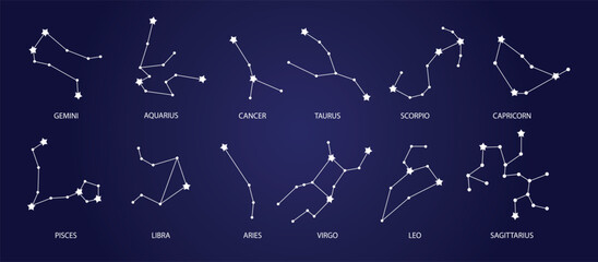 Set of zodiac constellations. Hand drawn twelve horoscope signs. Astrology symbols. Star constellation and star maps, night sky.Vector illustration.