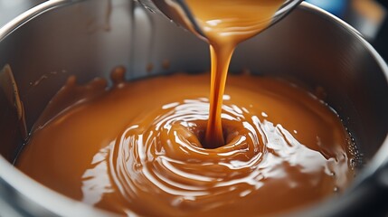 Rich caramel syrup flowing into stainless steel bowl creating swirls