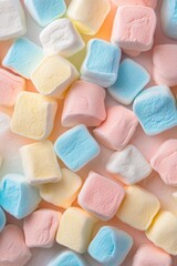 Colorful soft marshmallows background: pastel sweetness in pink, yellow, and blue hues