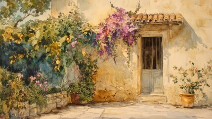 Fototapeta premium Watercolor Garden Tapestry: Serenity in an Ancient Greek Villa