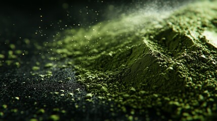 Close-up of vibrant green matcha powder against dark background