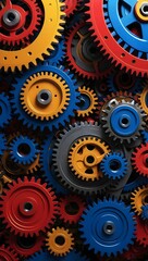Colorful gears of various sizes interlocking in a complex arrangement against a dark background. Generative AI