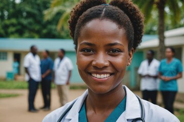 Close portrait of a smiling young Vanuatuan woman doctor looking at the camera, Vanuatuan hospital blurred background