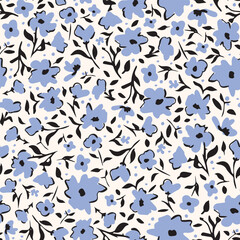 Blue flower petals with leaves seamless repeat pattern on white background. Random placed, vector botanical aop, all over surface print.