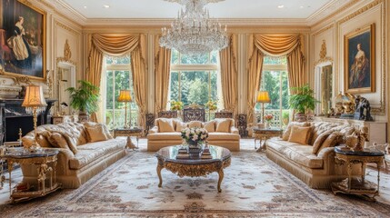 Fototapeta premium Luxurious living room with ornate furniture, a large chandelier, and large windows overlooking a lush green garden.